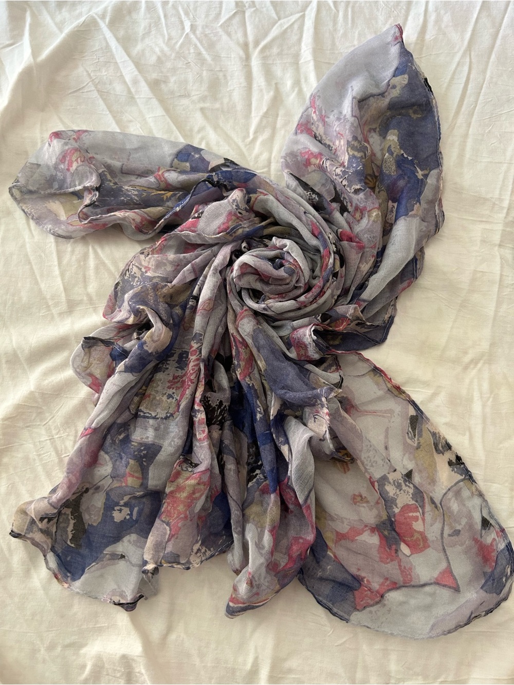 Lightweight Printed Women’s Scarf - Gray, Blue & Pink